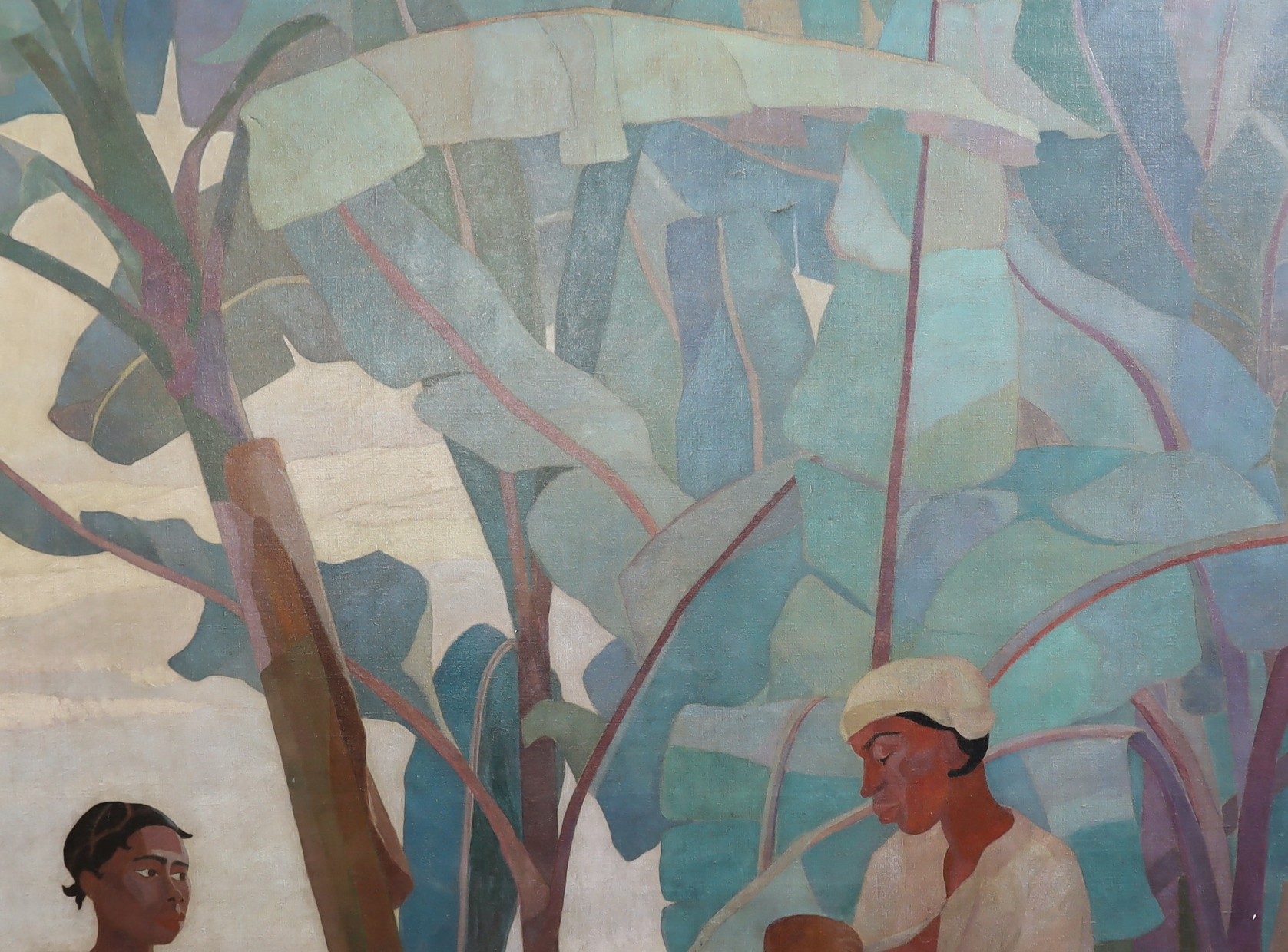 Jo Jones (British, 1894-1989), Mother and children beneath banana plants, oil on canvas, 181 x 146cm